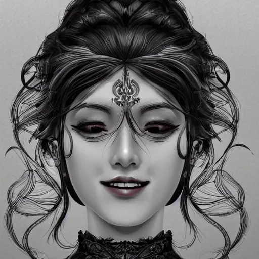 Image similar to a woman smiling, baroque style, black and white, elegant, beautiful, mesmerizing, concept art, fancy clothing, highly detailed, artstation, behance, deviantart, inspired by innocent manga, trending, shinichi sakamoto