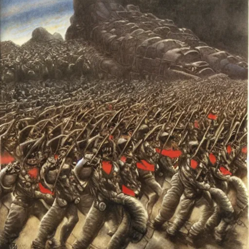 Image similar to dwarven cave fleet day, dwarven military parade, illustration by Alan Lee