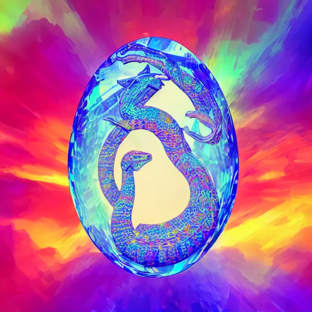 Prompt: a crystal egg breaking open with a great serpent rising out, occult aesthetics alchemy, award winning art, chromatic aberration polychromatic colors