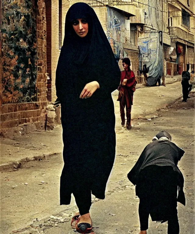 Image similar to a color photograph of persian girl in tehran's streets, by nan goldin, out of place, intense, bold, exaggerated, over proportion, painted over by andrew wyeth, hyperrealistic, ultra sharp, extra details, ultra high quality,