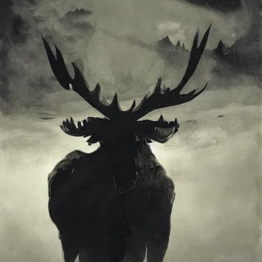 Image similar to portrait of a scary clown riding a moose, by peder balke by peder balke by greg rutkowski, by guido crepax by norman bluhm mystic high contrast monochromatic noir