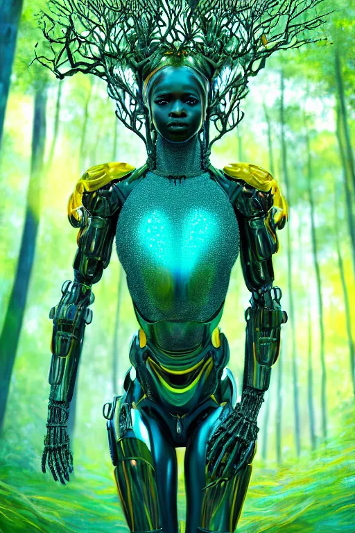 Prompt: hyperrealistic post - maximalist cinematic super expressive! black woman with exoskeleton armor, merging with tree in a forest, highly detailed digital art masterpiece, smooth cam de leon eric zener dramatic pearlescent soft teal yellow light, ground angle hd 8 k, sharp focus