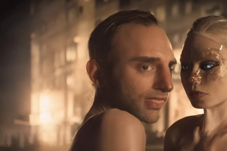 Prompt: movie beautiful supervillain models couple closeup, DC Marvel fashion, VFX magic powers at night in the city, city street, beautiful skin, natural lighting by Emmanuel Lubezki