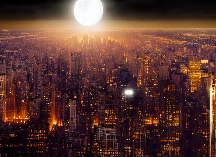 Image similar to film still of the moon breaking into pieces over manhatten in the new disaster movie, 8 k, night time