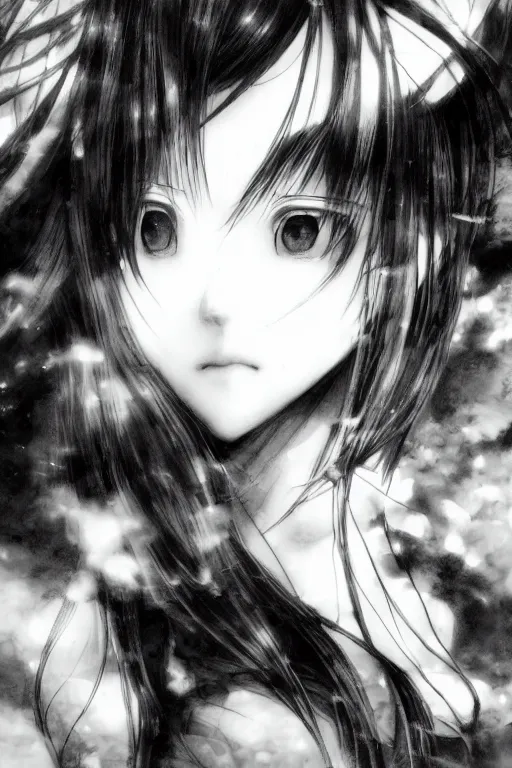 Image similar to a portrait of a character in a scenic environment by Yoshitaka Amano, black and white, dreamy, dark eyes, wavy long black hair, highly detailed