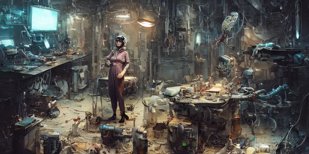 Image similar to an environmental concept art of an elderly woman cyberneticist in a messy workshop by artgerm and greg rutkowski, surgical implements, surgery theatre, robotic arm, blood spatter, highly detailed, cinematic, dramatic, cyberpunk, dieselpunk, scifi space station, horror, ( bladerunner 2 0 4 9, cyberpunk 2 0 7 7 )