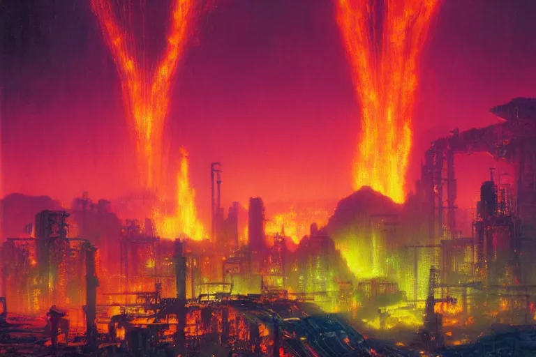 Image similar to a cyberpunk city in the crater of a volcano, lava flowing, smoke, fire, neon, industrial, by paul lehr