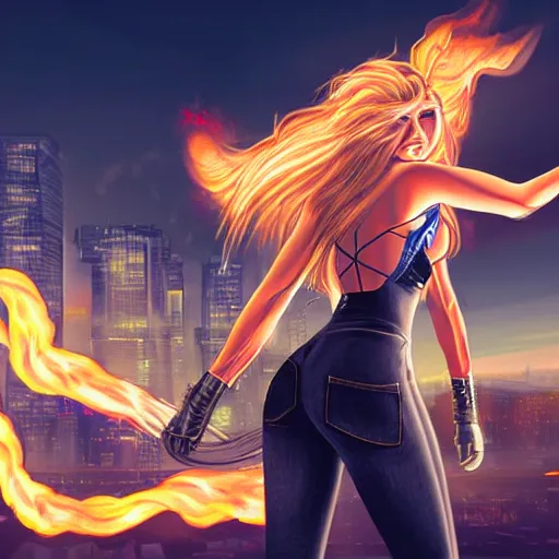 Prompt: beautiful young blonde with long hair woman from behind with flames coming out of hands flying in a cyberpunk city, very detailed, realistic, symmetrical face, no sexy pose, art by invincible,