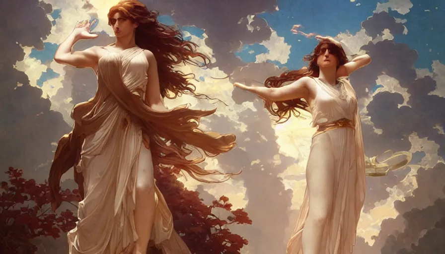 Image similar to goddess helios descending from olympus, artstation, concept art, smooth, sharp focus, illustration, art by artgerm and greg rutkowski and alphonse mucha and william adolphe bouguereau and john william waterhouse