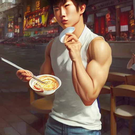 Image similar to a korean bodybuilder college student, eating ramen, bokeh, beautiful face!!!!, 2 3 years old, cg animation, lifelike, animated, realistic, character select portrait, by artgerm, greg rutkowski, alphonse mucha, 3 d