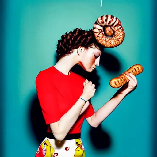 Prompt: a portrait of a beautiful fashion model that curls her hair using hot dogs. surreal photograph, toiletpaper magazine, 3 5 mm photograph, colourful, by pierpaolo ferrari, maurizio cattelan