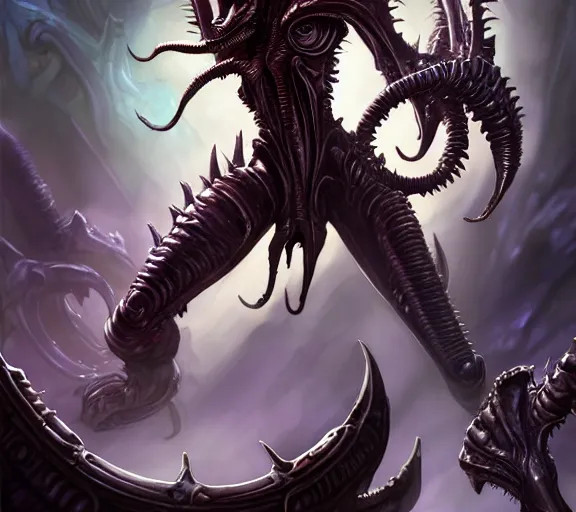 Image similar to ridley scott xenomorph alien queen folding laundry, fantasy, whimsical, dungeons and dragons, league of legends splash art, heroes of the storm splash art, hearthstone splash art, world of warcraft splash art, overwatch splash art, art by artgerm, art by alphonse mucha, intricately detailed, highly detailed, trending on artstation, 4 k, wallpaper