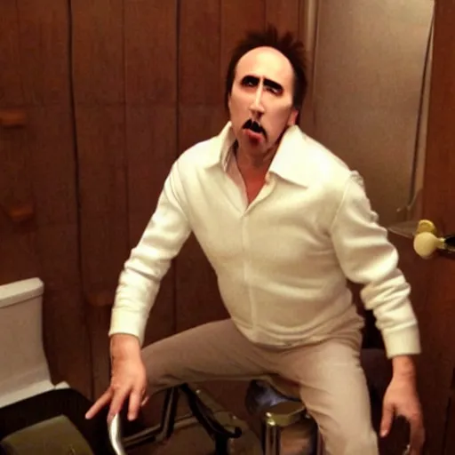 Image similar to nicolas cage doing coke on toilet seat