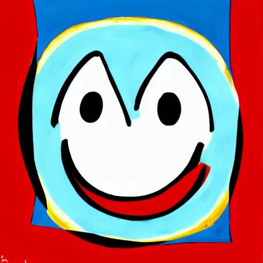 Image similar to child drawing of red eyed smiling emoji smiling thumb up