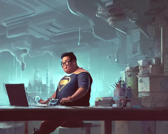 Image similar to an insanely detailed painting of a slightly chubby, nerdy asian man wearing a superhero costume, sitting at a desk, staring at the nervously at the computer and typing, in the style of peter mohrbacher, dramatic lighting and composition, octane render, pixar, trending on artstation, concept art, comic book, view from behind