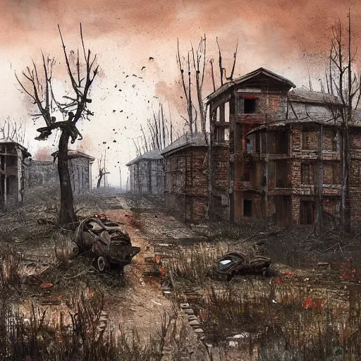 Image similar to painting of a abandoned post soviet town infested with humanoid root monsters by jakub rozalski