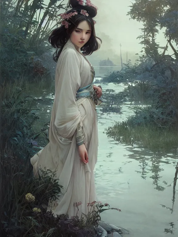 Image similar to portrait of a beautiful seductive slightly plump european girl wearing hanfu walking on water, farm background, fantasy, d & d, dark eyeliner, intricate, elegant, highly detailed, digital painting, artstation, concept art, matte, sharp focus, illustration, art by greg rutkowski and alphonse mucha