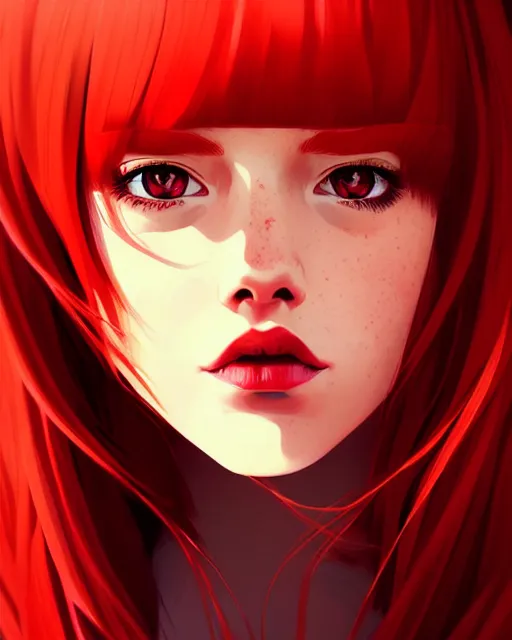 Image similar to a detailed portrait of a beautiful woman with red hair and freckles by ilya kuvshinov, digital art, dramatic lighting, dramatic angle