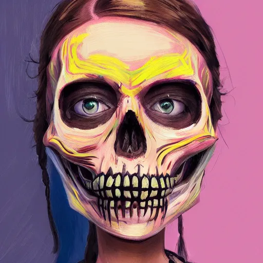 Prompt: a portrait of a girl skull face, anon mask, in the style of banksy, van gogh, atey ghailan and steve mccurry, vibrant colors and hard shadows and strong rim light, lucien freud, comic cover art, trending on artstation