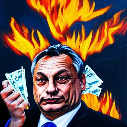 Image similar to viktor orban burning cash, oil painting