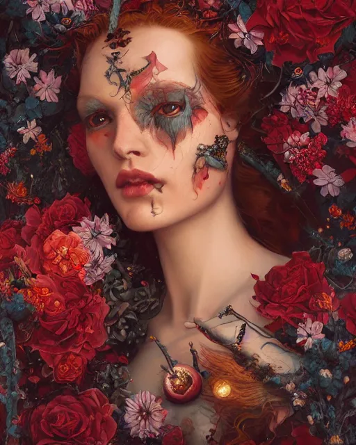 Prompt: portrait of the redskin queen of the underworld, surrounded by flowers by karol bak, james jean, tom bagshaw, rococo, sharp focus, trending on artstation, cinematic lighting, hyper realism, octane render, 8 k, hyper detailed.