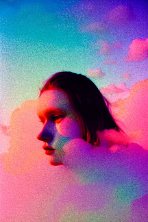 Image similar to high quality pastel coloured film close up wide angle photograph of a model wearing clothing swimming on cloud furniture in a icelandic black rock!! environment in a partially haze filled dreamstate world. three point light, rainbow. photographic production. art directed. pastel colours. volumetric clouds. pastel gradient overlay. waves glitch artefacts. extreme facial clarity. 8 k. filmic.