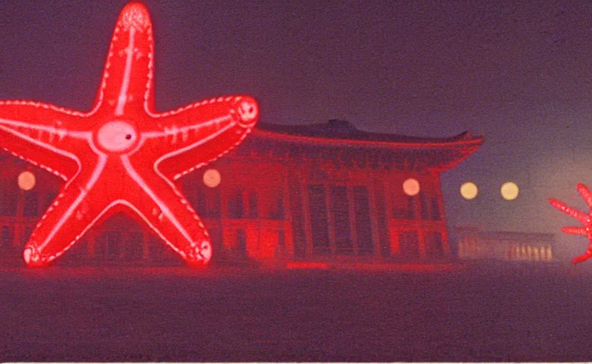 Image similar to light coming out of one starfish - like kaiju anthropomorphic monster, korean film noir by kim jong - il, korean traditional palace, pyongyang city, 1 9 6 0 s, red color bleed, 4 k, video compression, video glitch, monochrome, akira kurosawa, mamoru oshii, wes anderson, stanley kubrick