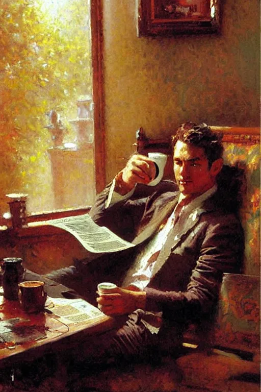 Image similar to attractive man drinking coffee and reading newspaper, painting by gaston bussiere, craig mullins