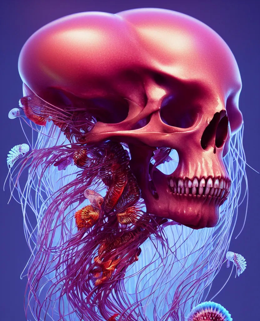 Image similar to goddess close-up portrait animal skull. jellyfish phoenix head, nautilus, orchid, skull, betta fish, bioluminiscent creatures, intricate artwork by Tooth Wu and wlop and beeple. octane render, trending on artstation, greg rutkowski very coherent symmetrical artwork. cinematic, hyper realism, high detail, octane render, 8k