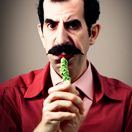 Image similar to A portrait of borat sagdiyev smoking a rolled marijuana joint, 8k, professional photography