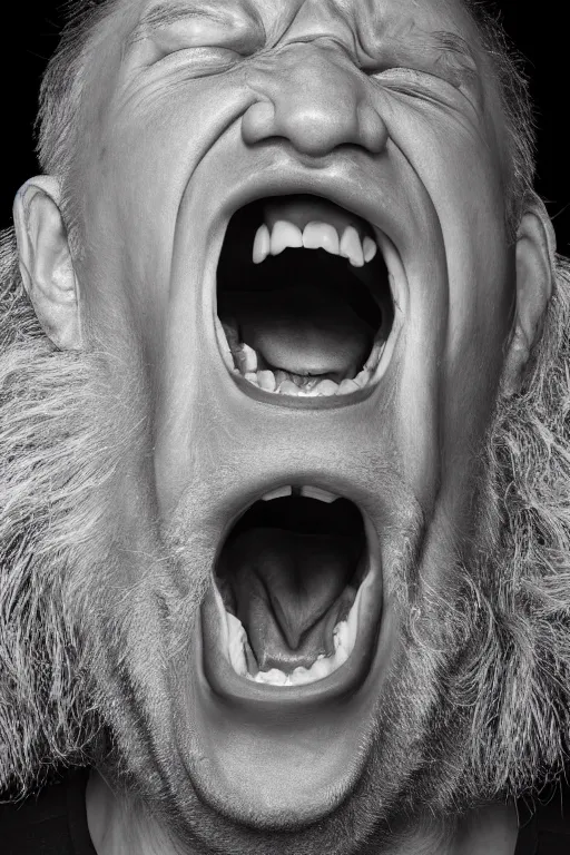 Prompt: uhd hyperrealistic photorealisitc hyperdetailed detailed portrait shot of a screaming man, studio lighting