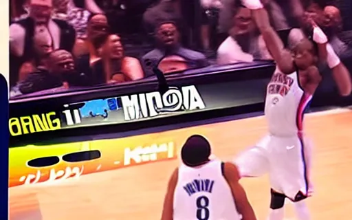 Image similar to totoro dunking over russell westbrook, nba broadcast