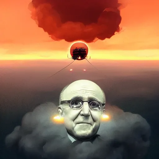 Image similar to the disembodied head of rudy giuliani is floating in the sky and covering the sun. the sky is orange. people on the ground are running away out of fear. a rotoscoped image, comedy, ( ( concept studio ghibli ) ) ( ( by greg rutkowski ) )