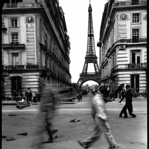 Prompt: Paris in ruins after war, Eiffel Tower destroyed, soldiers walking down the street, 35mm