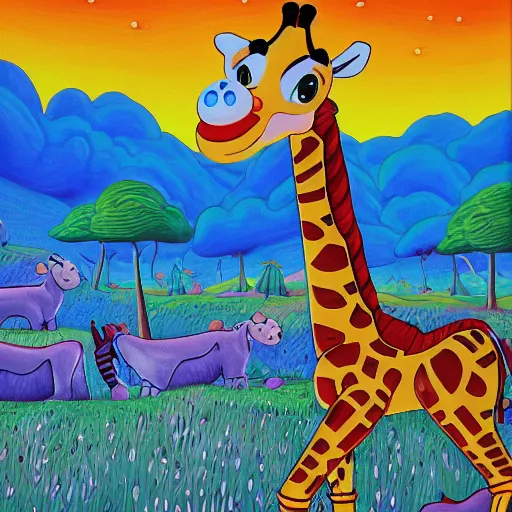 Image similar to Geoffrey the giraffe Toys”R”Us dynamic lighting, cinematic, establishing shot, extremely high detail, shining, photo realistic, cinematic lighting, intricate line drawings, 8k resolution, oil painting on canvas