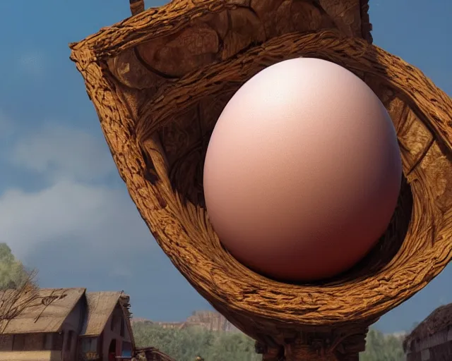 Image similar to of a very beautiful scene. a sweet fat old woman is in love with a huge, colorful and beautiful egg. hyper realistic. 4 k. wide angle. in the baroque style. wild. symmetrical face, red mouth, blue eyes. deep focus, lovely scene. processing block environment. concept art. unreal engine.