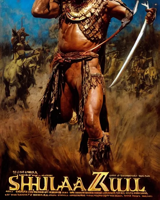 Prompt: Movie poster of Shaka Zulu, Highly Detailed, A master piece of storytelling, wide angle, cinematic shot, Battle, War, Violent, highly detailed, cinematic lighting, by frank frazetta + ilya repin , 8k, hd, high resolution print