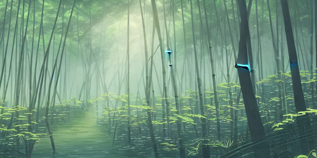 Prompt: misty japanese bamboo forest, cell shaded, lake, waterfall!!!!!, large rocky mountain, rule of thirds, sunny, cartoony, drawing, stylized anime, sun rays, soft, by hayao miyazaki, ghibli studio, makoto shinkai, toei animation, studio trigger, trending on artstation, 4 k, hd