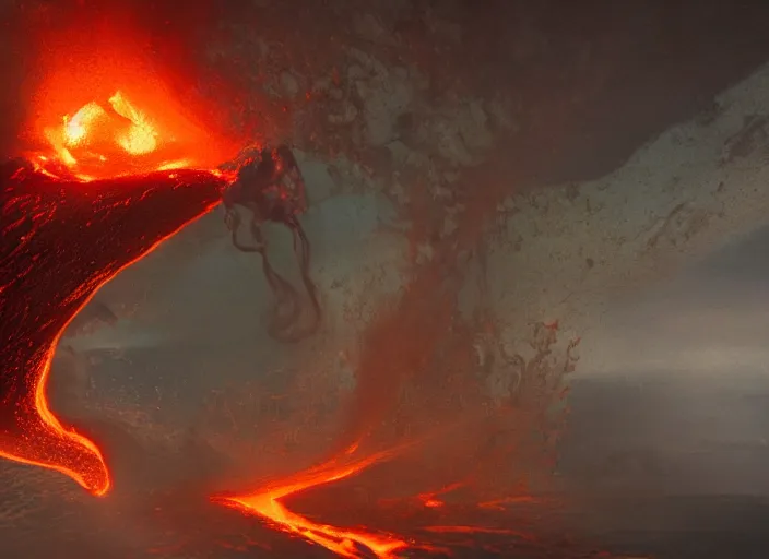 Image similar to still from a feature film avatar, goddess pele rising from a volcanoe spewing lava glowing, in style of wayne barlow, karol bak, nature futurism, pagan occultism, mystical colors, rim light, beautiful lighting, 8 k, stunning scene, raytracing, : : anamorphic lens, hyper - real, : : 8 k