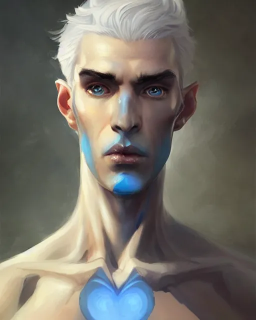 Image similar to character portrait of a slender young half elven man with white hair and eyebrows, piercing bright blue eyes, and pale bluish skin, by greg rutkowski, mark brookes, jim burns, tom bagshaw, trending on artstation