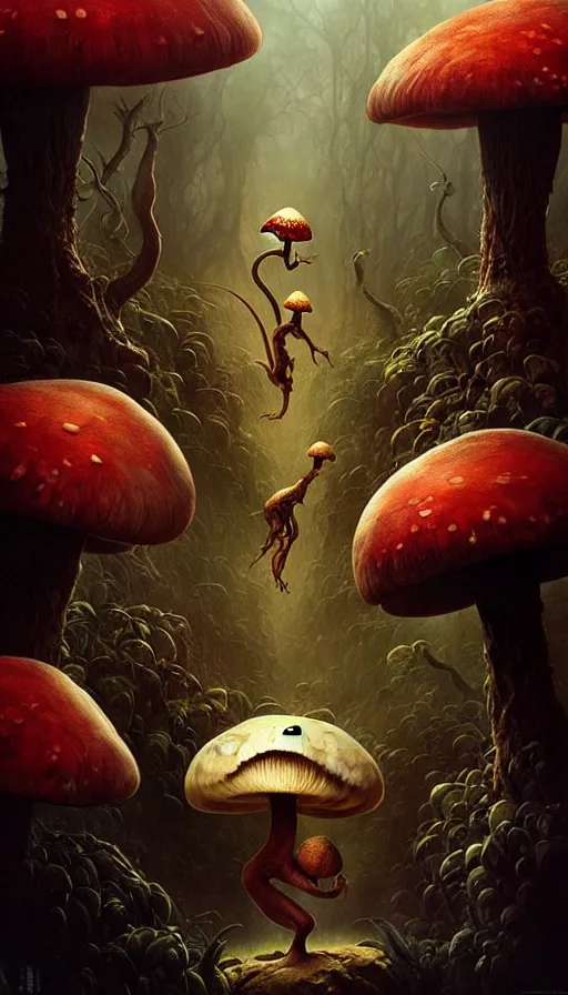 Image similar to exquisite imaginative imposing weird creature movie poster art humanoid hype realistic mushroom movie art by : : weta studio tom bagshaw james jean frank frazetta