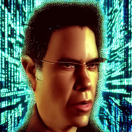 Image similar to gilbert gotfried in the matrix, cartoon portrait made out of rain, realistic, highly detailed, neon, rendered in octane, unreal engine, rain, beautiful, trending on artstation, emotional, photo realistic