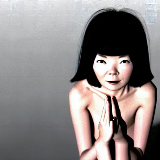 Image similar to Bjork climbs out of your TV screen towards you like Sadako, J-Horror, 90s, 35mm film