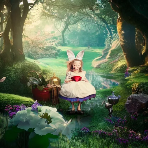 Prompt: alice sitting, alice in wonderland theme, disney photo realistic, octane render, 8 k, unreal engine, hd, cinematic lighting