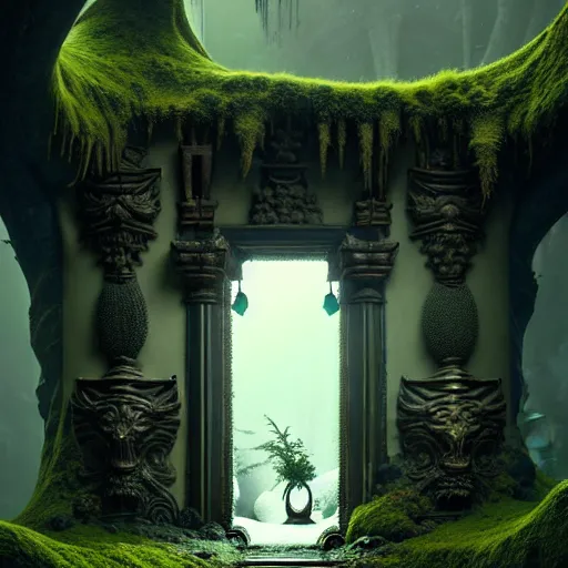 Prompt: doorway to an ancient fallen god, lush trunda vegetation, snow :: by Michal Karcz, Daniel Merriam, Victo Ngai and Guillermo del toro :: ornate, dynamic, particulate, intricate, elegant, highly detailed, centered, artstation, smooth, sharp focus, octane render, 3d