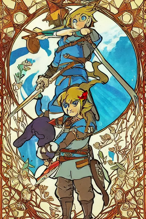 Image similar to link from The Legend of Zelda: Breath of the wild playing with a cat by and mucha,geometric shapes, hard edges ,Visual Communication Design