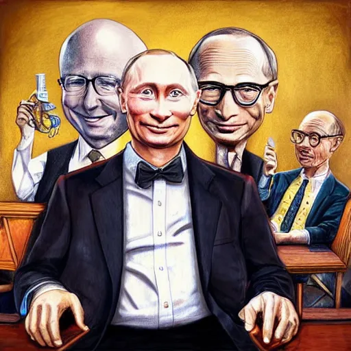 Image similar to UHD photorealistic Bill Gates playing poker with Klaus Schwab and Vladimir Putin, hyperrealistic, correct details, cosmic dynamic lighting, symmetrical faces, accurate faces, in the style of art nouveau by Danielle Tunstall