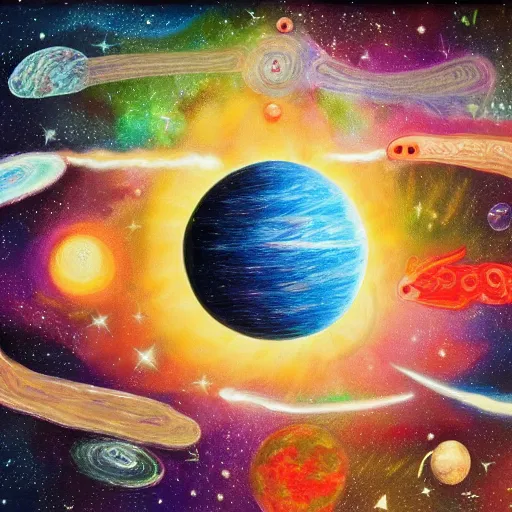 Prompt: childrens drawing of life the universe and everything,