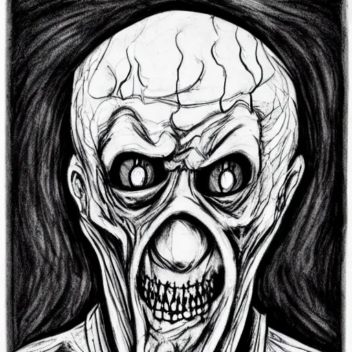 Image similar to a scary horror themed uncle, drawn with charcoal and pen and ink, half-tone-line-stacking