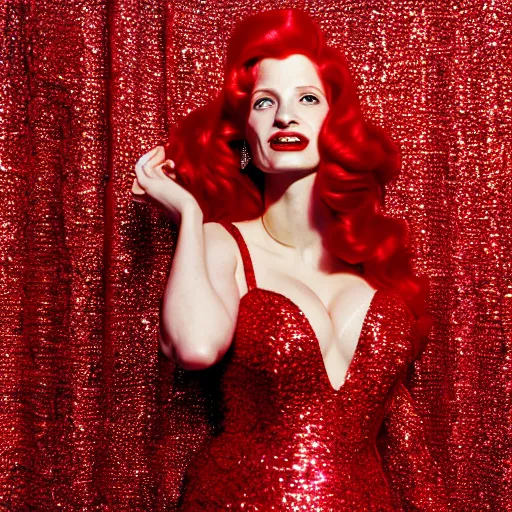 Prompt: film portrait, fine art photography of jessica chastain as jessica rabbit, head and shoulders photography. red sequin ballgown dress. kodak ektar 4 0 0. canon f 1. 2. detailed, realistic